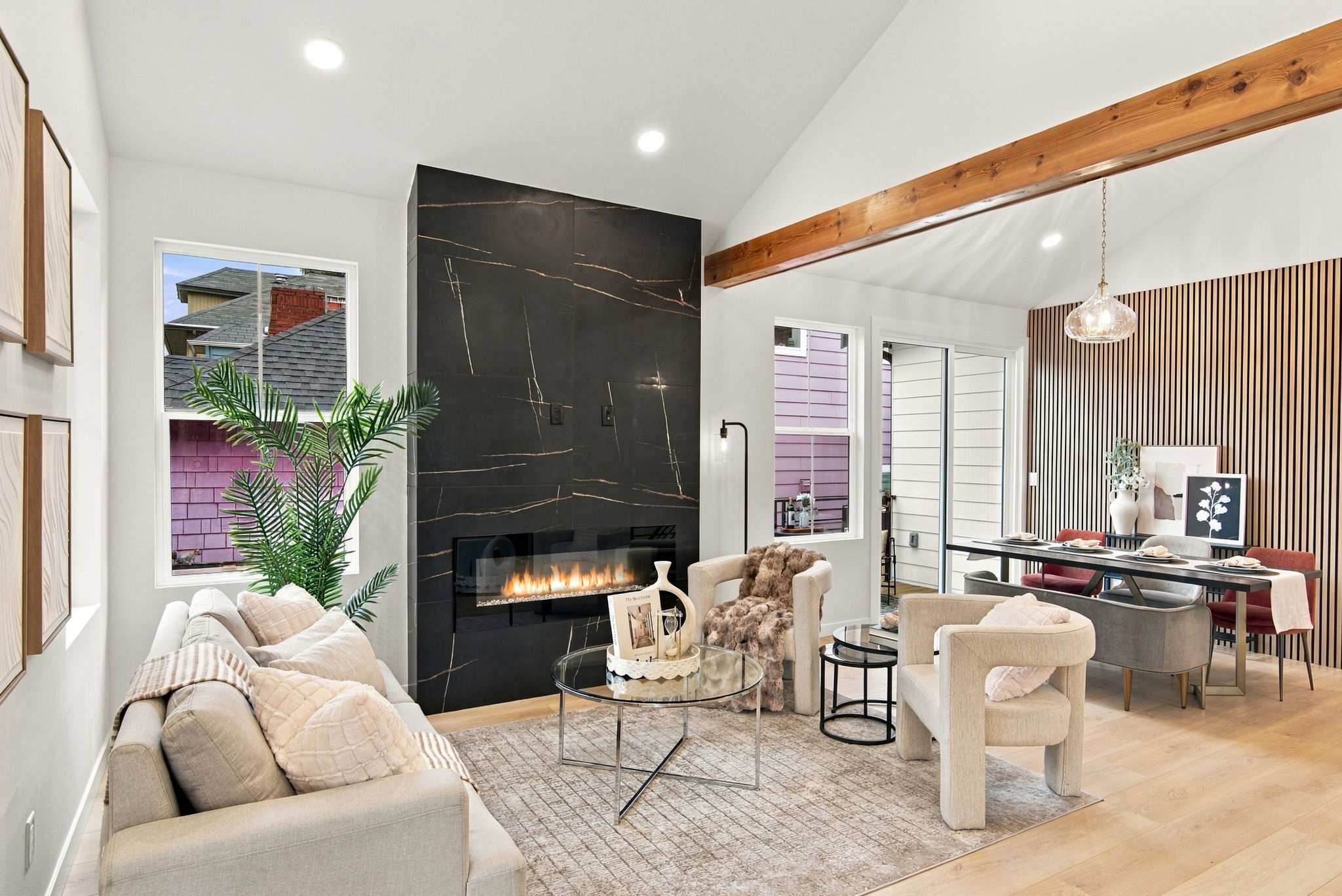 Vaulted living room with exposed beams at 5606 11th Avenue NE